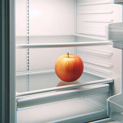 An apple lying on a shelf in an empty refrigerator.