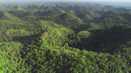 Timelapse aerial tropic jungle hills at mist with wide greenery plants. Epic scenery of green trees...