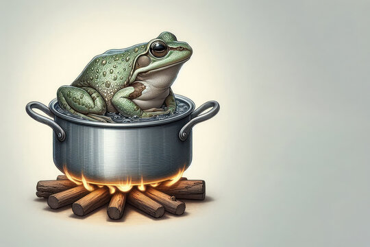 A frog sitting in a boiling pot over low heat.