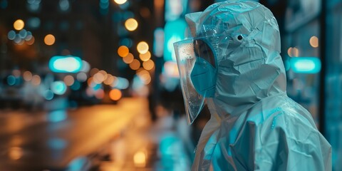 a man wearing a protective suit and goggles with a face mask