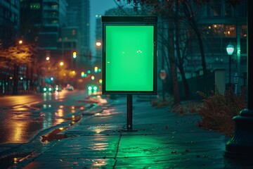 a green billboard is sitting on the sidewalk in the middle of a city at night - obrazy, fototapety, plakaty