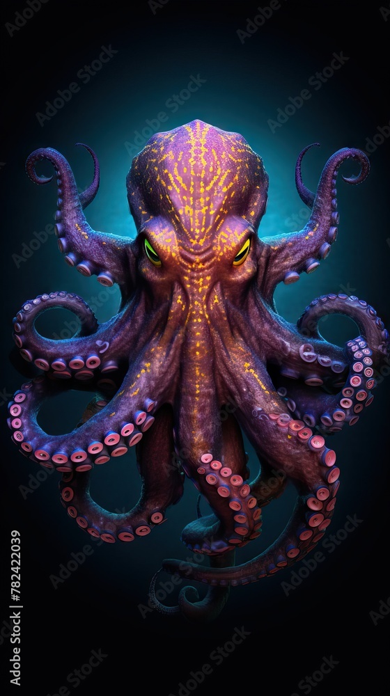 Poster vibrant abstract octopus on dark canvas generative ai