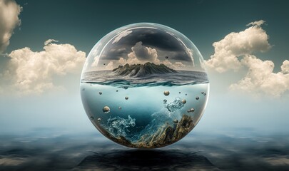 Ethereal Dream: Glass Ball Reflecting Ocean Ripples and Sky Generative AI