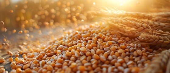 Agricultural commodities, grains close-up, natural sunlight, farming to trading concept