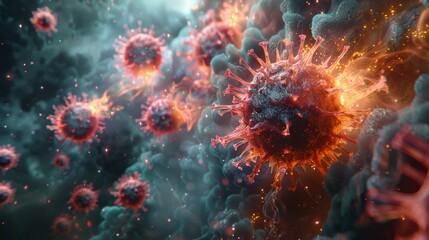 A close-up of a virus with red and green colors. The virus is surrounded by a green and blue background - obrazy, fototapety, plakaty