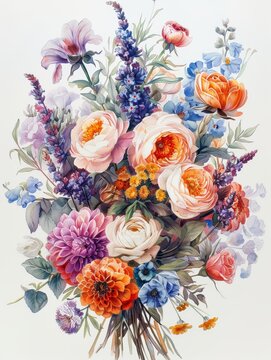 A bouquet of flowers with a variety of colors including pink, purple, blue, and orange