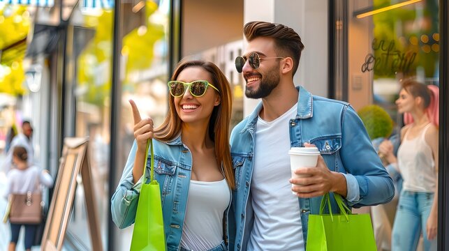 Happy couple shopping and walking in the city. Casual fashion, sunny day. Lifestyle and retail concept. AI