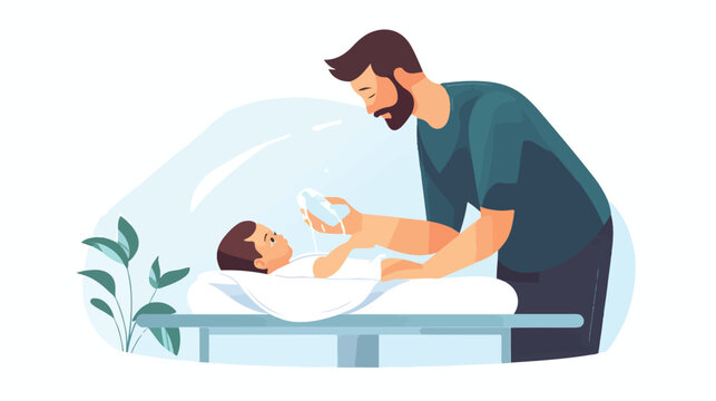 Cartoon father changing diaper of crying baby. Youn