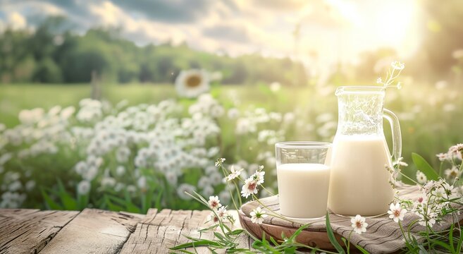 A glass of milk and a pitcher in a field of flowers