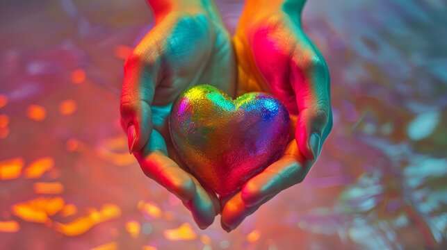 A hand holding a rainbow heart. The heart is made of glitter and is colorful. Concept of love and happiness