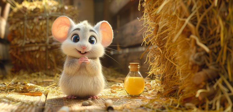 A cartoon mouse is standing in a field of hay. The mouse is smiling and he is happy