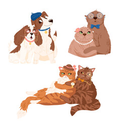Vector set of cute hand drawn characrers in love.  Cats, dogs, otters. White background. Cartoon hand drawn style. 