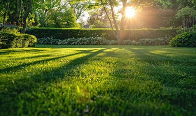 Beautiful green lawn with lush grass in the garden at sunset, golden sunlight filtering through green trees