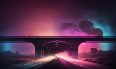 Serene Overpass at Night with Ethereal Lighting Generative AI