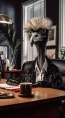 Quirky Businessman Ostrich in African-Themed Office Generative AI