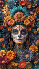 A woman with a flower headdress and a skeleton on her face. The flowers are orange and yellow