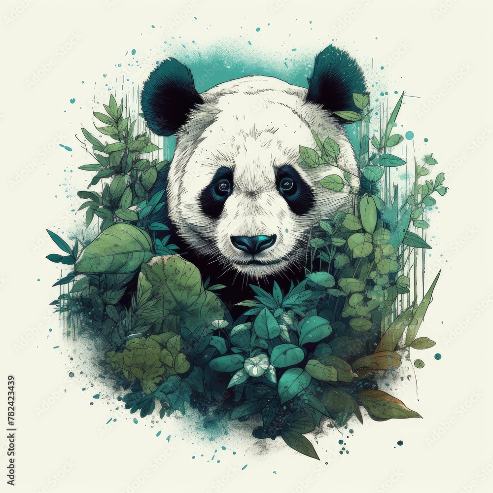 Poster whimsical panda illustration in jungle setting generative ai