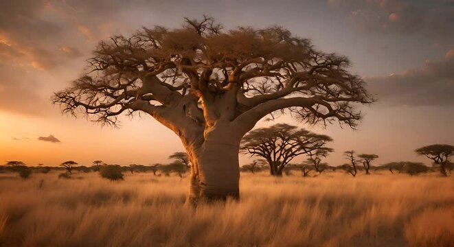 Tree in the savannah at sunset.