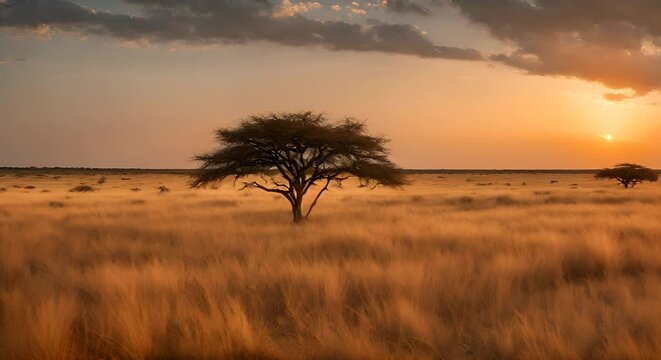 Tree in the savannah at sunset.