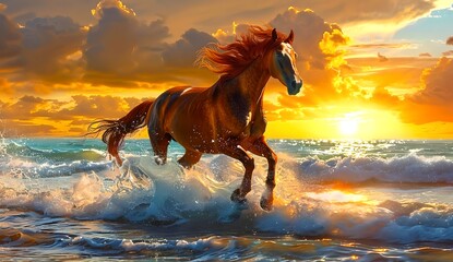 Majestic Chestnut Horse Galloping in Waves at Sunset. Golden Light and Dynamic Motion, Symbol of Freedom. Ideal for Decor or Stock. AI