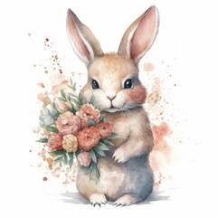 Serene Bunny Holding Delicate Flower Bouquet Generative AI