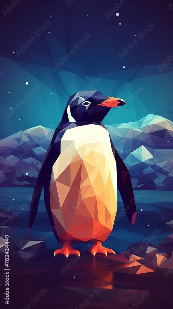 Poster stylized penguin with low polygon design generative ai