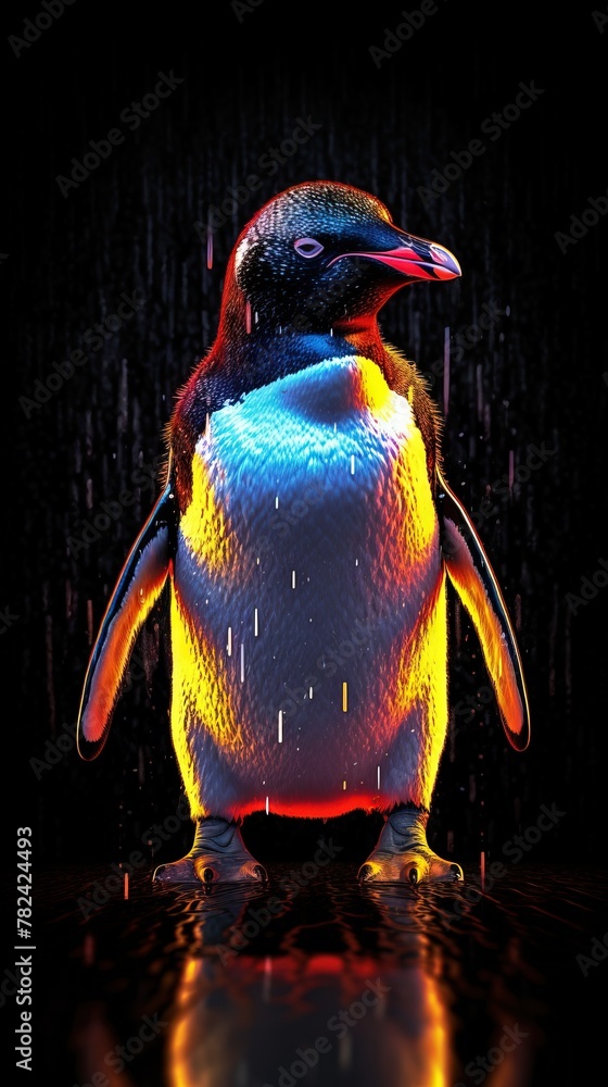 Poster glitch art penguin on dark background generative ai