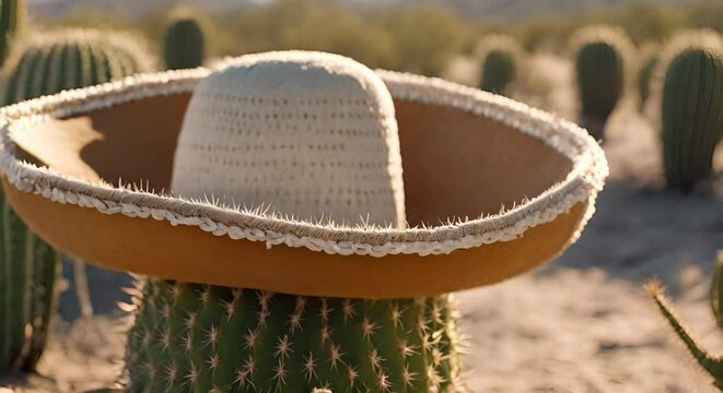 Mexican hat on top of a cactus.