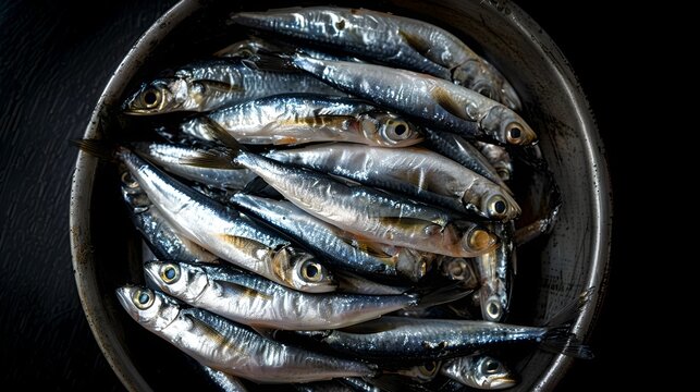 Fresh sardines neatly arranged in a round tin on a dark background. Ideal for culinary arts and seafood themes. A high-quality, detailed close-up imagery. AI