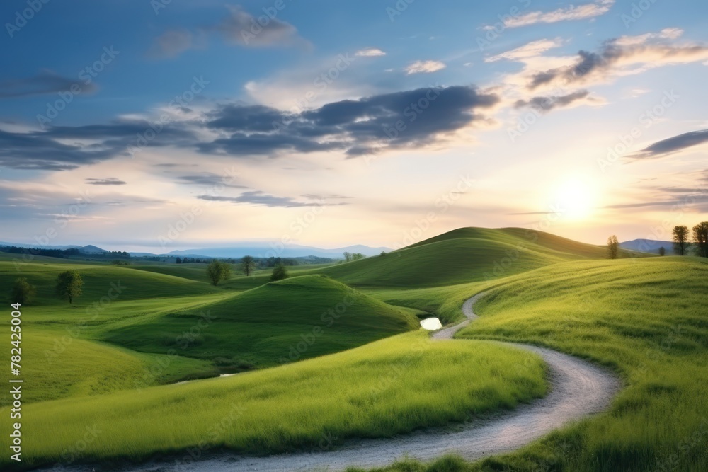 Poster idyllic countryside landscape with winding path generative ai