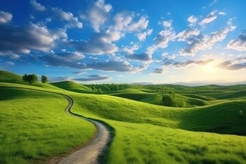 Fototapeta premium Serene Hillside Path at Sunrise Generative AI