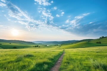 Picturesque Winding Path Through Lush Green Hills at Sunrise Generative AI