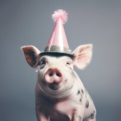 Adorable Pig in Party Hat and Sunglasses Celebrating Generative AI
