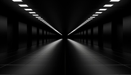 a black and white photo of a tunnel with lights coming out of the ceiling