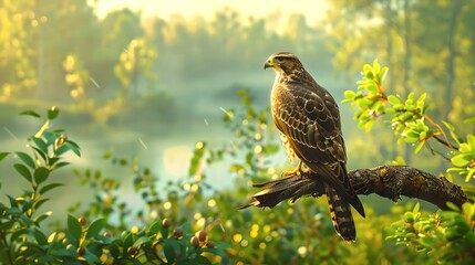 Majestic bird of prey perched on branch at sunrise, serene natural backdrop, perfect for wildlife enthusiasts and nature backgrounds. AI
