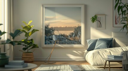 Single vertical ISO A1 frame mockup, reflective glass, mockup poster on the floor of living room. Interior mockup. Apartment background. Modern interior design. 3D render