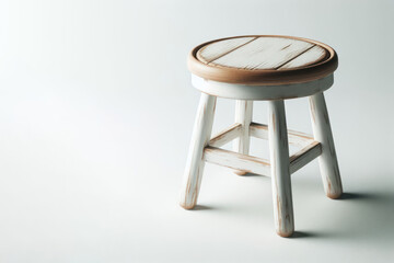 Wooden stool standing on light background. Space for text. - obrazy, fototapety, plakaty