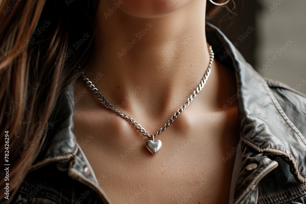 Poster silver heart pendant and chain on woman's neck