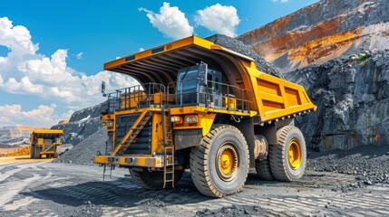 Massive yellow coal anthracite mining truck in open pit mining industry operation