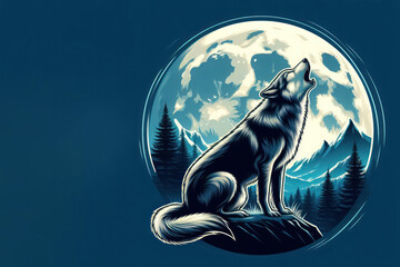 Illustration of a howling wolf on the background of the moon. Space for text.