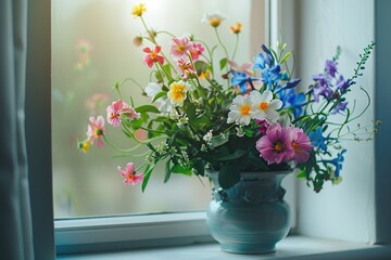 Fresh spring flowers in pot on windowsill near the window