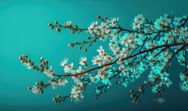 Spring Cherry Blossom Branches on Turquoise Background Generative AI