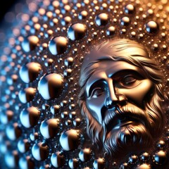 Image of a man's face on a surface surrounded by mercury droplets. Abstraction.
