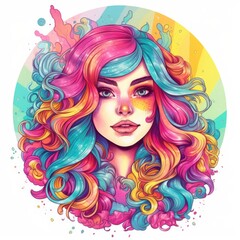 Whimsical Princess with Vibrant Rainbow Hair T-Shirt Design Generative AI