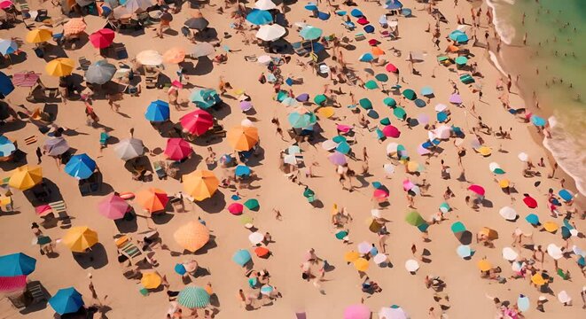 Top view of a beach full of people and umbrellas.