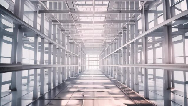 Empty industrial building interior with steel structure and skylight. Concept for architecture and construction, space for text.