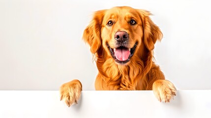 Happy Golden Retriever Dog Peeking Over a White Board. High-Key Photography Style Ideal for Advertising, Greeting or Social Media. Joyful Pet Concept. AI