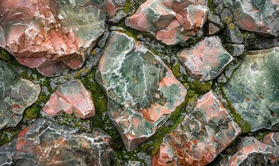 A modern image featuring a flat background with the organic texture of raw unakite semi-gemstones