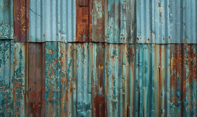 wall of rusted corrugated metal panels in shades of muted teal and turquoise