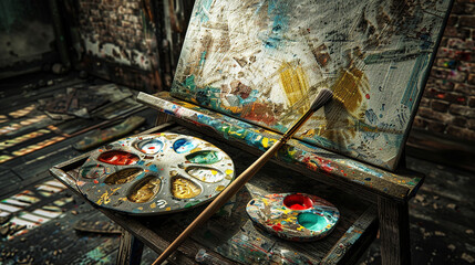 A detailed view of a paintbrush and palette resting on a worn artist's easel, capturing the spirit...